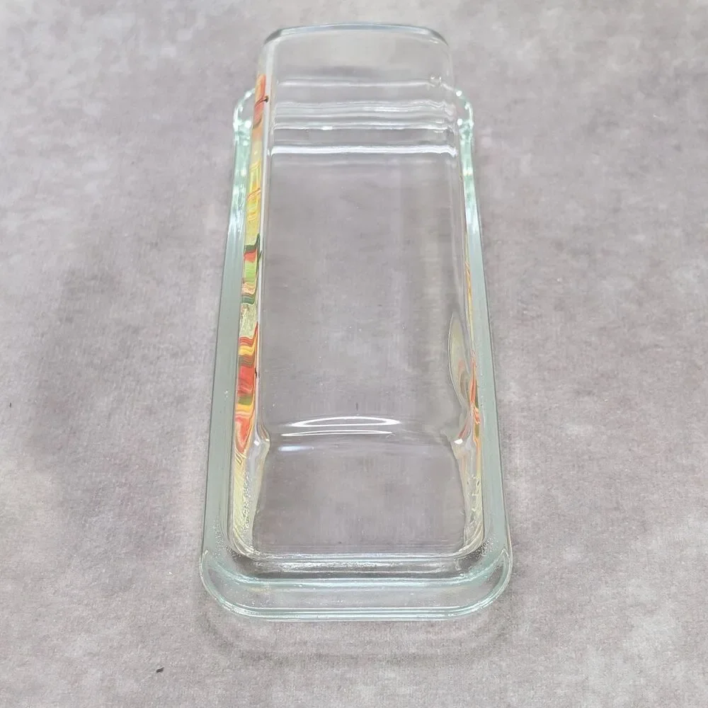 Vintage Mid Century Hand Painted Glass Butter Dish Covered Lid Abstract Art